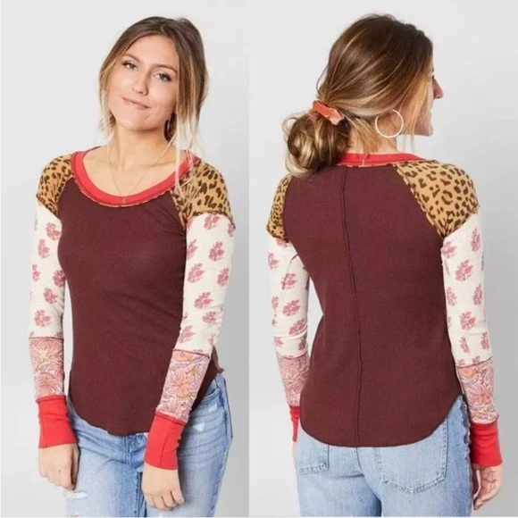 Free People Bright Side Waffle Knit Mixed Print Thermal Top Size XS Leopard Y2K - Picture 1 of 10